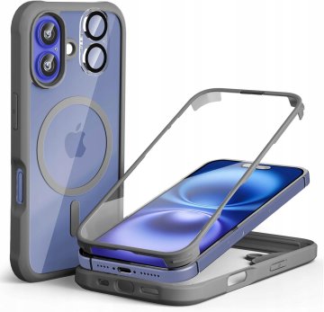 K+ Etui 360° iPhone 16 Plus MagSafe + szkło aparatu Szare Leedia Obudowa