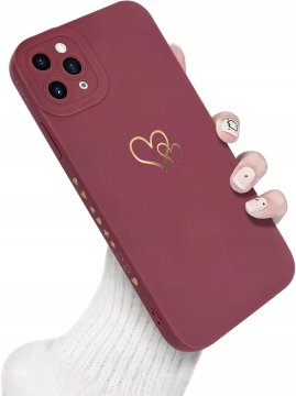 K+ Etui iPhone 11 Pro Max Bordowe silikon Serca złote Newseego Ochronne