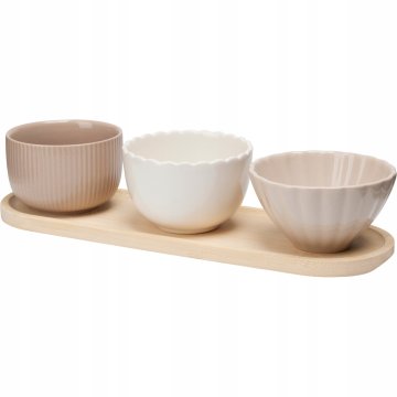 Koopman Zestaw 3 miseczek ceramicznych na drewnianej desce do serwowania 28,5x9cm