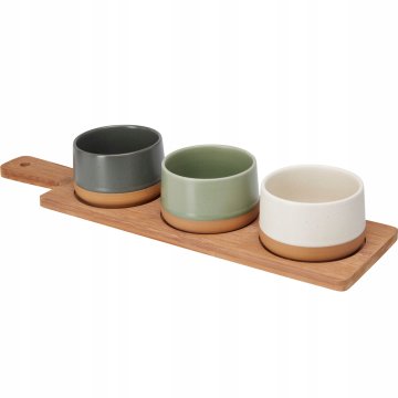 Koopman Zestaw do serwowania bambusowa deska + 3 miseczki ceramiczne kolorowe