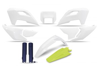 UFO PLASTIČNI SET (PUNI KOMPLET) S TELESKOPSKIM ŠTITNICAMA (AMORTIZERI) HUSQVARNA TE 150 / 250 / 300 '24-'25, FE 250 / 350 / 450 / 501 '24-'25 ORIGINALNA BOJA BIJELA ŽUTA