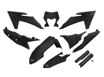 UFO PLASTIČNI SET (PUN KOMPLET) S TELESKOPSKIM ŠTITNICAMA (AMORTIZERI) KTM EXC 150 / 250 / 300 TBI '24-'25, EXC-F 250 / 350 / 450 / 500 '24-'25 CRNI