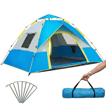 Nikcorp Kampirački šator NIKCORP za 4 osobe, vodootporan, lagan 2,8 kg, plavi, dimenzije 210 x 200 x 135 cm, dvostruki tropik, ventilacija, set s nadstrešnicom, klinovima i transportnom torbom