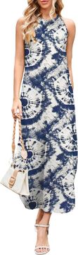 Nikcorp Ženska maxi plažna haljina prozračna elegantna ljetna halter izrez tie-dye plavo-bijela veličina M lagani materijal za plažu i svakodnevno nošenje