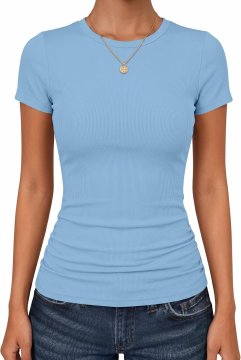 Nikcorp Ženska majica T-shirt Slim Fit od rebraste viskoze, plava, elastična, prozračna, za ljeto i svakodnevno nošenje, kratki rukav, okrugli izrez, veličina XS