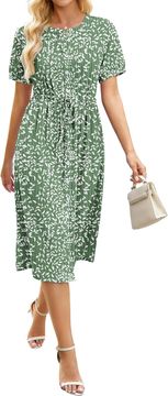 Nikcorp Ženska Midi Haljina Ljetna A-Line Prozračna Vaflasta Tkanina Podesiva Vezica u Struku Olive Green Leaf S