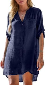 Nikcorp Ženska plažna haljina poncho kimono za bikini ljetni ogrtač oversize prozračna lagana tkanina s gumbima plava M kratki rukav