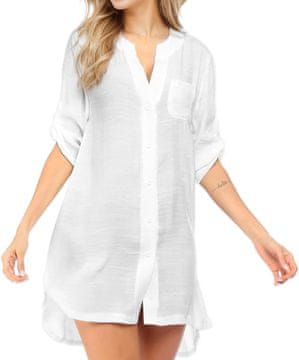 Nikcorp Ženska Plažna Haljina Pareo Prekrivač za Bikini Bijela Veličina M Ljetna Haljina Shirt Dress Oversize s Gumbima Lagana Prozračna Tkanina za Plažu Bazen i Ručak 1 kom