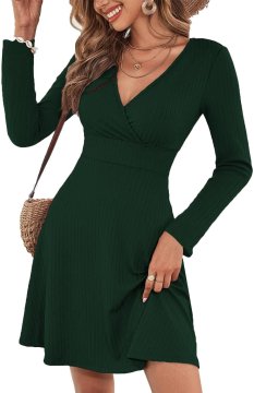Nikcorp Prugasta haljina ženska V-neck slim fit casual kratki rukav ribbed poliester zelena L – ljetna haljina za svakodnevno nošenje, posao i izlaske