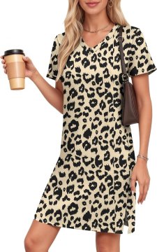 Nikcorp Ženska Ljetna Midi Haljina A-line s Leopard Uzorkom, Smeđa, Kratki Rukav, V-izrez, Viskoza Elastan, XXL, Plaža Putovanje Svakodnevno