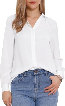 Nikcorp Elegantna ženska bluza košulja za posao V-neck s volanima, bijela, L, regular fit, 100% poliester, dugi rukav, gumbi po cijeloj dužini, za ured, business casual i svaki dan