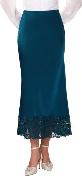 Nikcorp Ženska satenska maxi suknja bodycon kroj s čipkom i visokim strukom tamnoplava 92% poliester 8% elastan elegantna za vjenčanja i koktele L