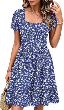 Nikcorp Ljetna haljina za žene midi A-line casual elegantna kratki rukav kvadratni izrez džepovi elastični pas plava XL