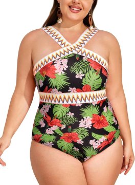 Nikcorp Dvodijelni kupaći kostim bikini Plus Size s visokim strukom, efekt oblikovanja trbuha i wrap look, uzorak crveno cvijeće, metalni lančić, ženstven dekolte, udoban kroj za punije linije, 20W