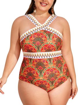 Nikcorp Figurooblikujući Ženski Jednodijelni Kupaći Kostim Plus Size Tummy Control Wrap Look Višebojni Veličina 18W Visok Rez Ugrađena Kontrola Trbuha Potpora Grudima