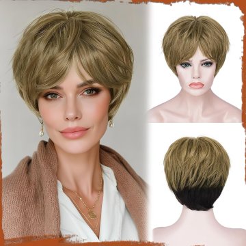 Nikcorp Ženska perika Pixie Cut kratka sintetička 23 cm crno-smeđa prirodni izgled stepenasti slojevi šiška otporna na toplinu do 180°C za svakodnevnu nošnju