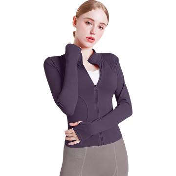 Nikcorp Ženska sportska jakna za trčanje Slim Fit lagana prozračna brzosušeća elastična stretch tkanina s visokim ovratnikom i otvorima za palčeve ljubičasta XL
