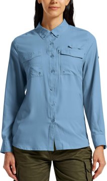 Nikcorp Ženska outdoor košulja UPF 50+ muslin planinarska 98% UV zaštita ultralagana prozračna s mrežicom na leđima džepovi za naočale i ribolovni pribor plava S