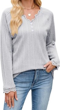 Nikcorp Ženska tunika bluza s čipkom Elegantna V-izrez dugi rukav casual opušteni kroj za proljeće jesen zimu siva 95% poliester 5% elastan M