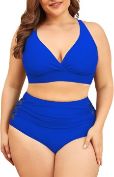 Nikcorp Ženski kupaći kostim Push Up plus size s visokim strukom koji oblikuje figuru, dvodijelni bikini s V-izrezom i uklonjivim kosticama, elegantni plavi, veličina L, brzo sušeći materijal