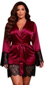 Nikcorp Ženski satenski kimono ogrtač crveni, elegantan i seksi, lagan, dugi do koljena s rukavima 3/4, čipkasti detalji, dva bočna džepa, vezani pojas, za noćno rublje, kućnu odjeću i prigodne večeri