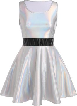 Nikcorp Mini haljina za zabavu Holografska Metalik Sjajna Srebrna A-line Skater Dress Izrez Crew Neck Elastična Prozračna Bočni Patentni Zatvarač Za Rave Festival Klub Plesna Zabava XL