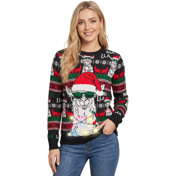 Nikcorp Božićni sweter unisex s LED osvjetljenjem, pleteni, topli, smiješni alpaka dizajn, 95% akril 5% pamuk, regular fit, okrugli izrez, dugi rukav, crni, XXL
