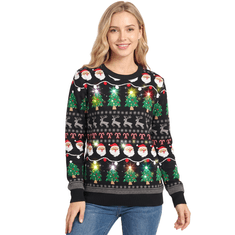 Nikcorp Božićni džemper LED svjetla unisex pleteni topli smiješni Djed Mraz 100% akril crni regular fit okrugli izrez dugi rukavi M svijetleći ugly Christmas sweater za zabave i hladne prosinačke večeri