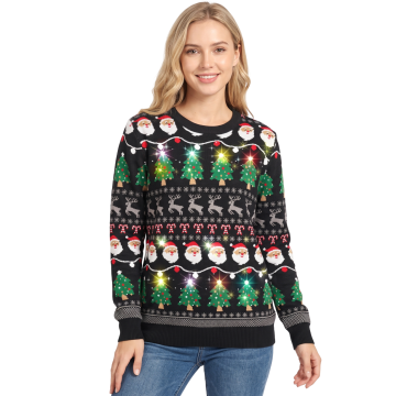 Nikcorp Božićni džemper LED svjetla unisex pleteni topli smiješni Djed Mraz 100% akril crni regular fit okrugli izrez dugi rukavi M svijetleći ugly Christmas sweater za zabave i hladne prosinačke večeri