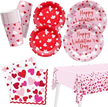 Nikcorp Set papirnatog posuđa za Valentinovo crveni 97 kom za 24 osobe tanjuri čaše salvete stolnjak 274 x 137 cm srca motiv jednokratno