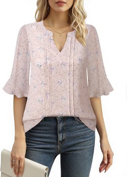 Nikcorp Elegantna ženska bluza od šifona s cvjetnim uzorkom, lagana uredska bluza s V-izrezom i volanima na rukavima, prozračna ljetna bluza za ured, poslovne sastanke i svakodnevne stilizacije, 100% šifon