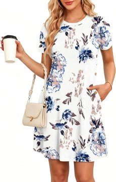 Nikcorp Ljetna ženska haljina za plažu i večernji izlazak elegantna casual haljina kratkih rukava s okruglim izrezom bočnim džepovima i dekorativnim gumbima lagana mekana tkanina bijela XL