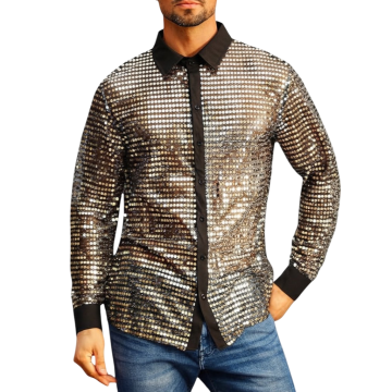 Nikcorp Muška košulja s šljokicama dugih rukava, prozirna disco stil, slim fit, crna zlatna, sintetička tkanina brzosušeća, klasično zatvaranje na gumbe, XL za zabavu, klub, party i tematske nastupe