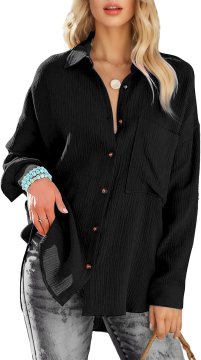 Nikcorp Elegantna ženska bluza košulja s V-izrezom i dugim rukavom 3/4 casual poslovni stil oversize klasičan krој gumbi po cijeloj duljini prozračan lagan materijal crna M