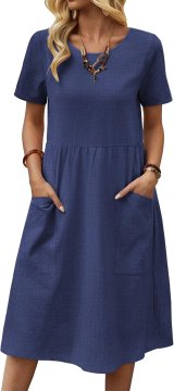 Nikcorp Ženska Pamučna Midi Haljina A-line Ljetna Plažna s Džepovima Tamnoplava Navy Blue Okrugli Izrez Kratki Rukav Veličina S Casual Stil Proljeće Ljeto Jesen