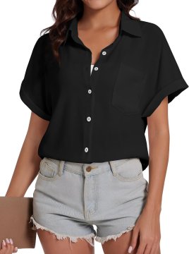 Nikcorp Ženska košulja kratkih rukava ljetna casual crna 2XL s džepom na prsima, podvijenim manšetama i zatvaranjem na gumbe, lagana bluza od poliestera i ice silk tkanine, prozračna i ugodna za kožu