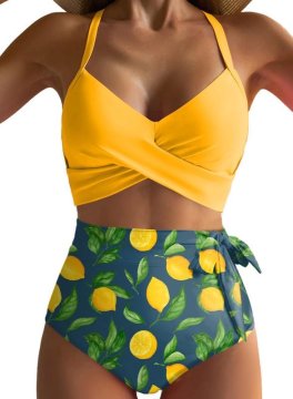 Nikcorp Ženski dvodijelni bikini set Cvjetni uzorak Visoki struk V-izrez Crossover Podesive naramenice Vezanje na leđima Kupaći kostim za plivanje Plažu Bazen Žuti S