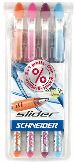 Schneider Komplet kemijskih olovaka Slider 4/1, narančasta, roza, ljubičasta, plava