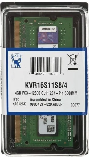 Kingston memorija (RAM) za prijenosno računalo SODIMM 4GB PC3-12800 (KVR16S11S8/4)