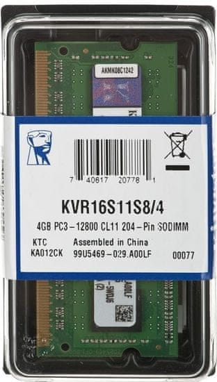 Kingston memorija (RAM) za prijenosno računalo SODIMM 4GB PC3-12800 (KVR16S11S8/4)