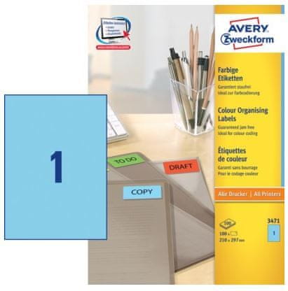 Avery Zweckform Etikete 3471 210X297, plave, 100 listova