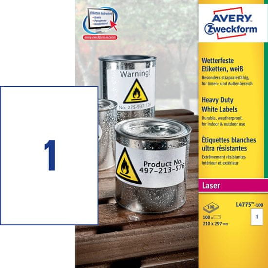 Avery Zweckform etikete L4775-100, 210 x 297 mm, otporne