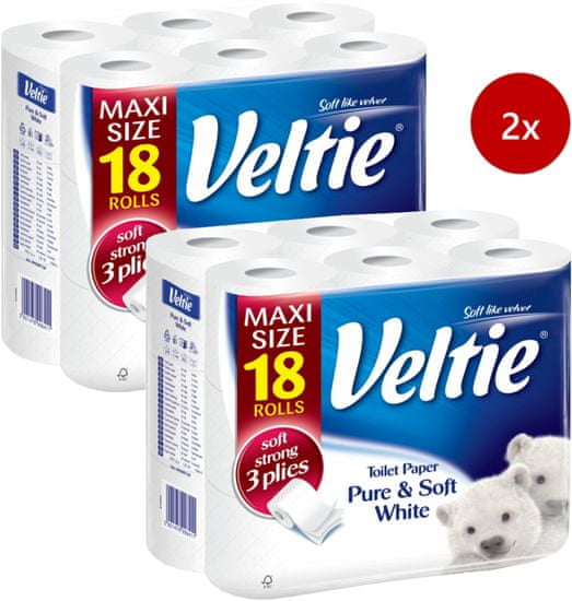 Veltie Pure & Soft White toaletni papir, 3-slojni, 2 x 18 rola