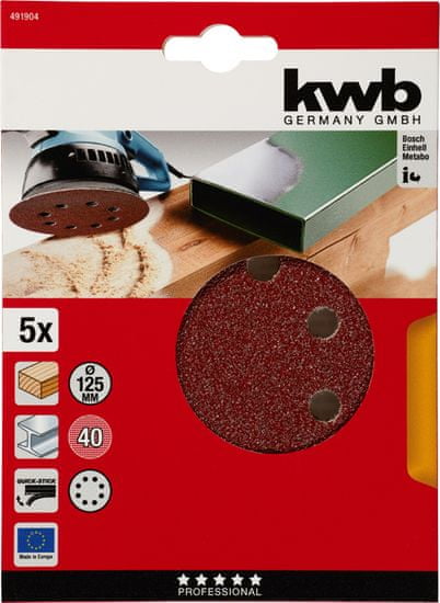 KWB samoljepljivi brusni papir za drvo i metal, Ø 125 mm, 80 GR, 5 komada (491908)