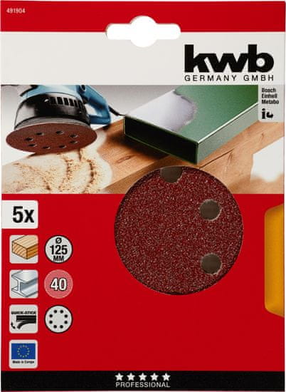 KWB samoljepljivi brusni papir za drvo i metal, Ø 125 mm, 80 GR, 5 komada (491908)