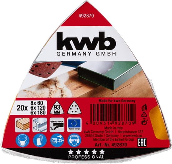 KWB samoljepljivi brusni papir za drvo i metal, 20 komada različite granulacije (492870)