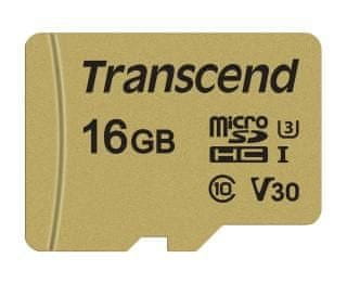 Transcend microSDHC memorijska kartica 500S, 16 GB, 95/60 MB/s, MLC, C10, UHS-I U3, V30, adapter