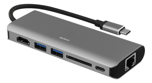DELTACO preklopna postaja USBC-1273, 2 x USB 3.0, RJ45, HDMI, SD, siva
