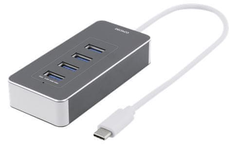 DELTACO USB razdjelnik USBC-HUB8, USB-C na USB-A, 4 ulaza, siva