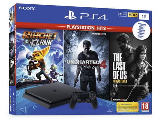 Sony PlayStation PS4 1TB set + igre HITS (Uncharted 4: A Thief`s End, The Last of Us, Ratchet &amp; Clank)